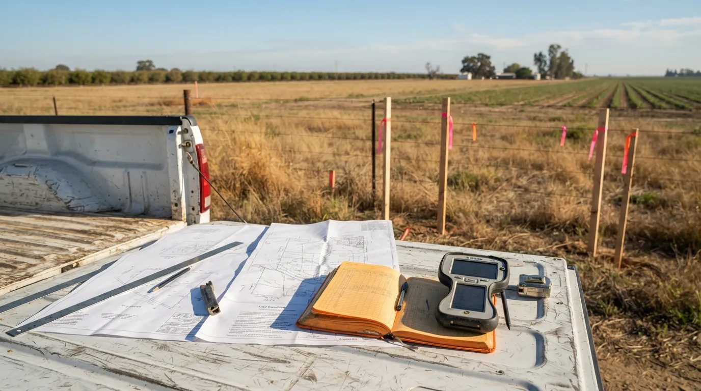 Survey plats, a field book and a data collector on a pickup tailgate beside a staked fence line and farm fields