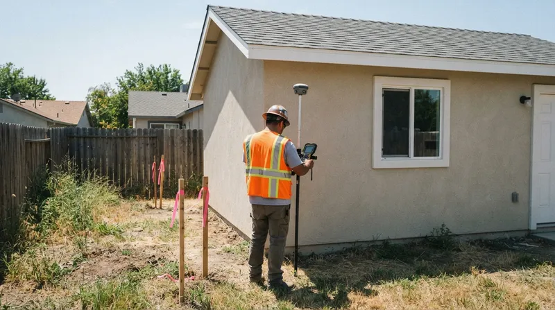 Surveyor with a GNSS rover and data collector beside a finished stucco accessory dwelling unit, with flagged setback stakes along the backyard fence