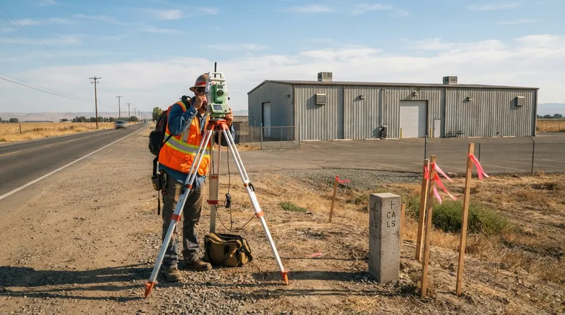 Surveyor at a total station beside a survey monument and flagged stakes on the road frontage of a commercial parcel with a steel building
