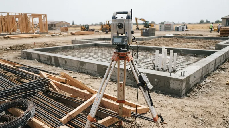 Total station on a tripod beside a new concrete foundation with rebar mesh and utility stub-up pipes, with framing and equipment on the job site behind