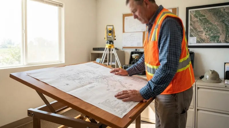 Surveyor in a hi-vis vest reviewing a large survey plat on a drafting table in an office, with a total station and an aerial parcel map behind