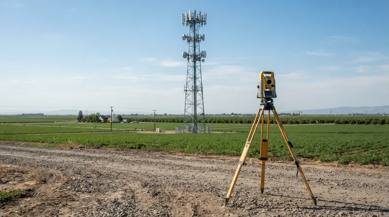 Total station on a tripod on a gravel road aimed at a lattice cell tower rising above green farmland