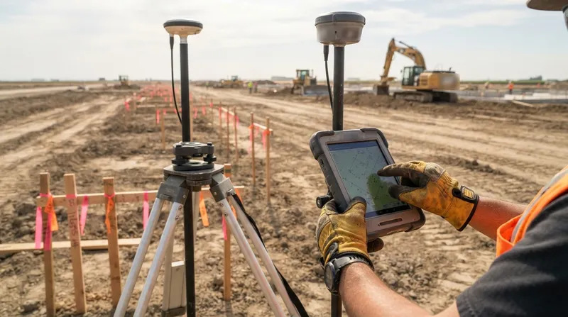 Surveyor's gloved hands on a field data collector beside GNSS receivers at rows of flagged grade stakes, with an excavator working on the graded site behind