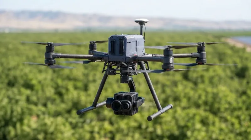 Mapping drone with a GNSS antenna and a dual-lens camera payload hovering above an orchard, with foothills in the distance