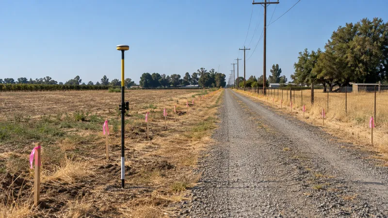 GNSS rover pole beside a gravel access road lined with flagged stakes marking an easement, with a power line running alongside