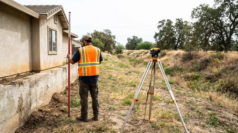 Surveyor holding a level rod beside a house foundation while an automatic level on a tripod sights from the grassy creek bank
