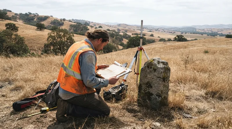 Surveyor kneeling beside a weathered stone boundary marker, reading an old map on golden foothills dotted with oaks