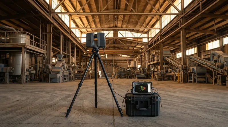 3D laser scanner on a tripod in a large agricultural processing warehouse, with a rugged tablet showing a point cloud on an equipment case beside it