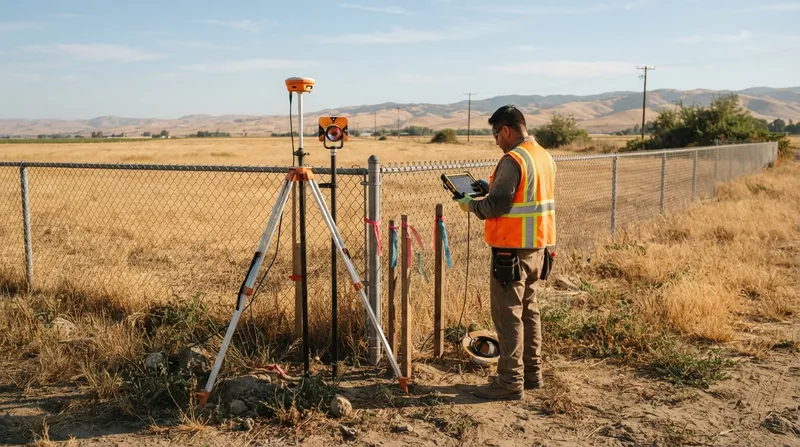 Surveyor with a field tablet beside a GNSS receiver and prism on a tripod at a flagged chain-link fence corner between dry-grass parcels