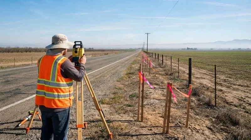 Surveyor at a total station on the shoulder of a straight rural road, with flagged right-of-way stakes along a wire fence and farmland stretching to the horizon