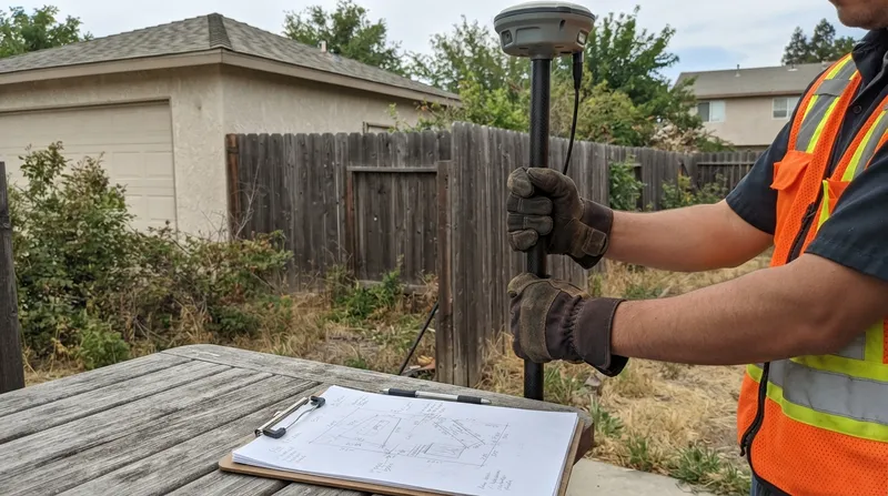 Surveyor's gloved hands on a GNSS rover pole beside a clipboard with a hand-drawn plot plan, in a backyard with a wooden fence and detached garage