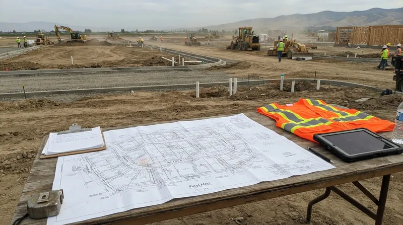 Subdivision final map plat on a job-site table beside a hi-vis vest and tablet, with new streets and lots being graded behind
