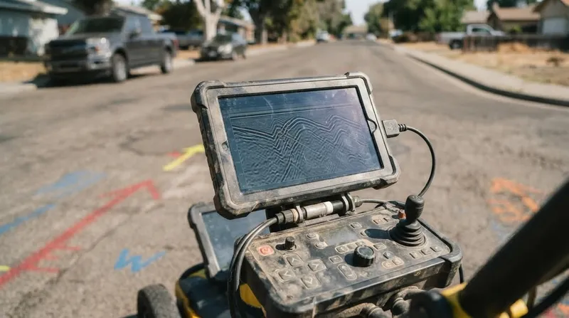 Ground-penetrating radar cart showing a scan on its screen, on a residential street marked with colored utility locate paint