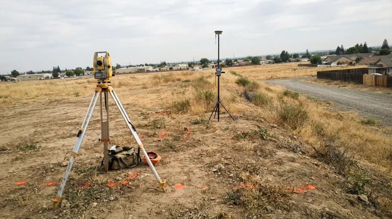 Total station and GNSS rover on tripods across a sloping vacant lot marked with orange paint, with homes at the edge of town behind
